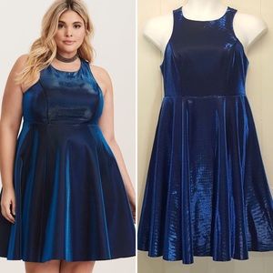 Blue Shiny Iridescent Racerback Skater Dress!